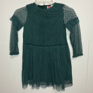 BODEN Girls 6-7 Green Navy Polka Dot Tulle Dress Back Zip